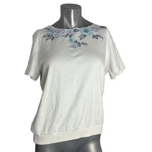 Alfred Dunner Medium Shirt Top White and Floral embroidery on neckline